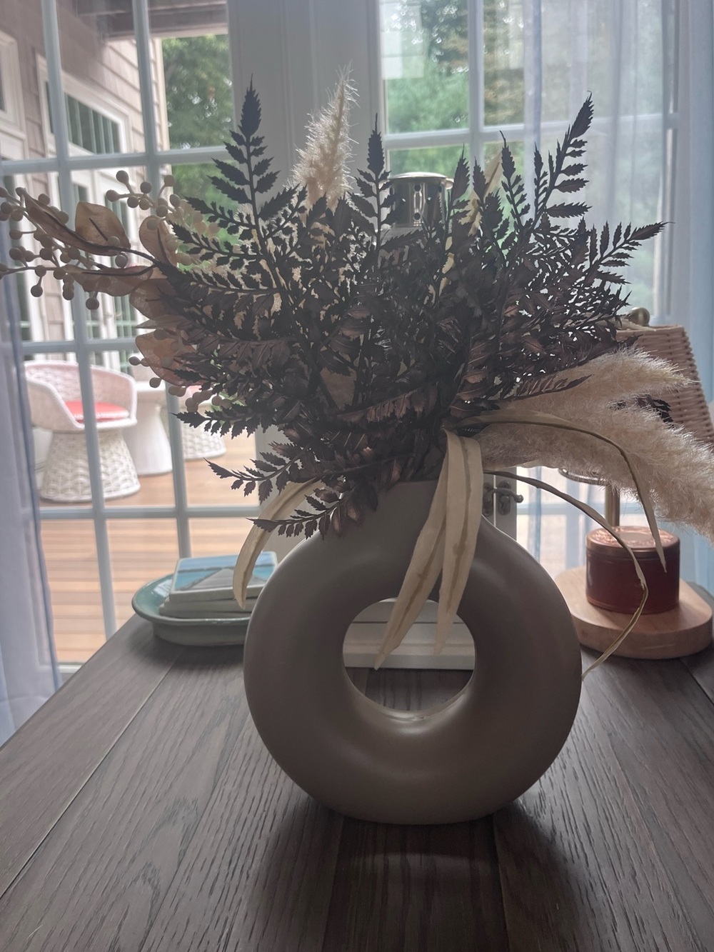 Taupe Decorative Donut Vase with Faux Foliage